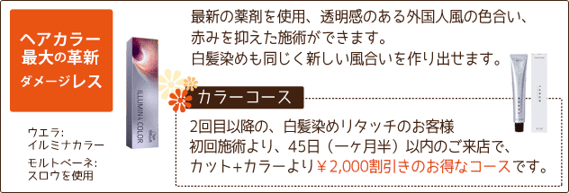 �w�A�J���[�R�[�X�B�ŐV�̖�܂��g�p�A�������̂���O���l���̐F�����B�Ԃ݂�}�����{�p���ł��܂��B�i�E�G���F�C���~�i�J���[�E�����g�x�[�l�F�X���E���g�p�j2��ڈȍ~�̔������߃��^�b�`�̂��q�l�A45���ȓ��̂����X�ŃJ�b�g+�J���[���2,000�~�������̂����ȃR�[�X�ł��B